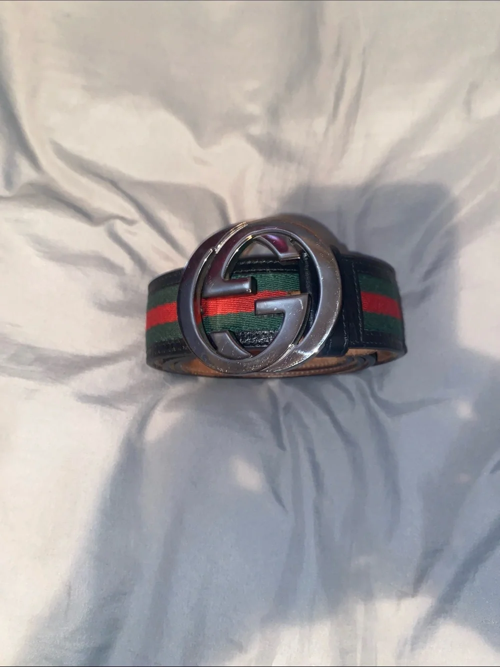 Gucci Black Leather Belt with Green & Red Web and Silver GG Buckle